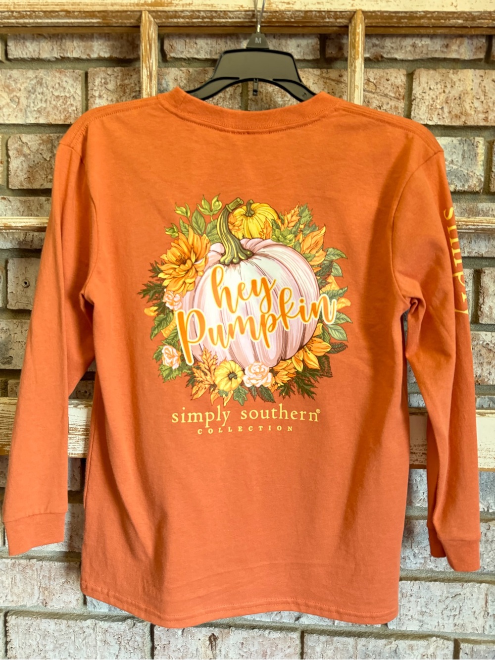 NWT Simply Southern Orange Long-Sleeve Youth Medium Tee with Pumpkin Graphic